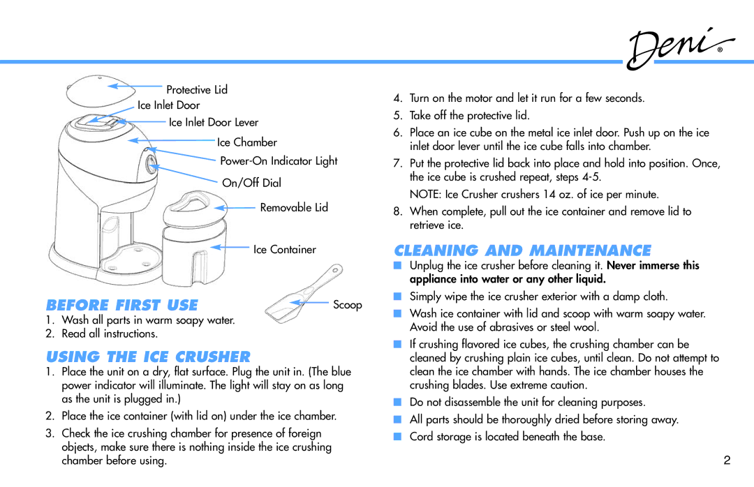 Deni 6100 manual Before First USE, Using the ICE Crusher, Cleaning and Maintenance 