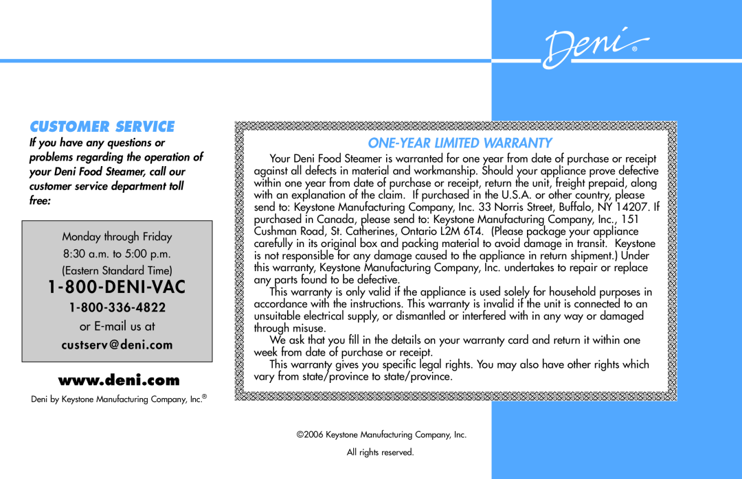Deni 7550 manual Customer Service, Deni-Vac, One-Year Limited Warranty 