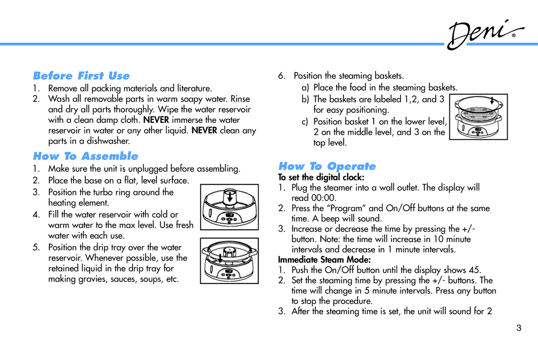 Deni 7600 manual Before First Use, How To Assemble, How To Operate 