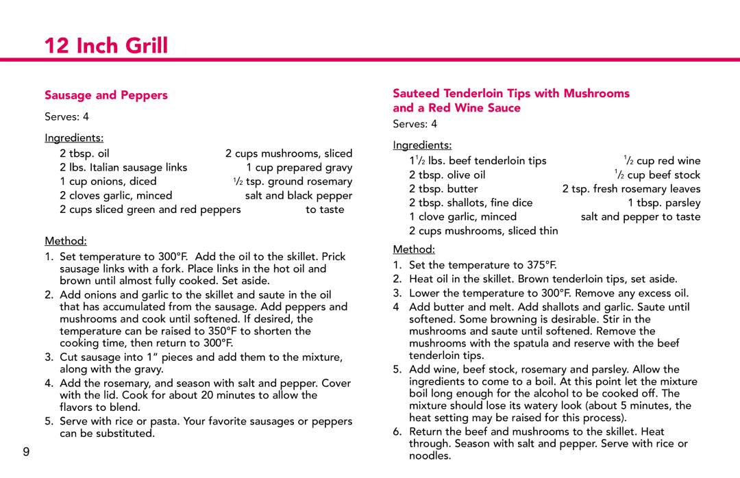 Deni 8230, 3200 manual Sausage and Peppers, Sauteed Tenderloin Tips with Mushrooms and a Red Wine Sauce 
