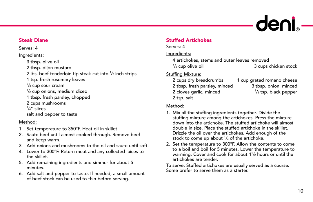 Deni 3200, 8230 manual Steak Diane, Stuffed Artichokes 