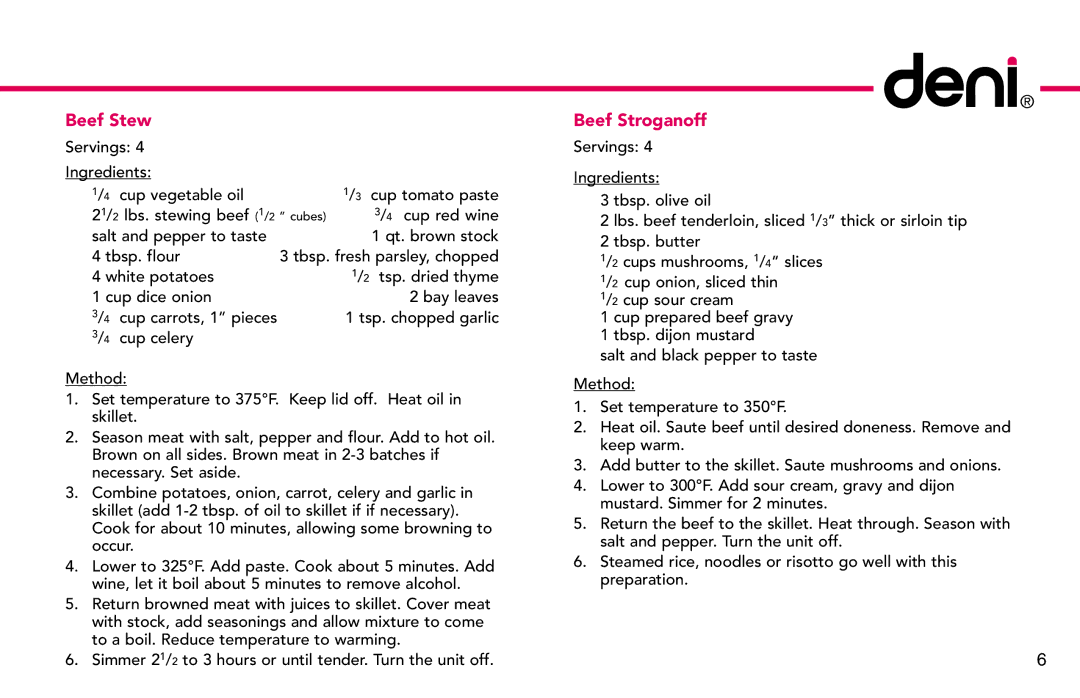 Deni 3200, 8230 manual Beef Stew, Beef Stroganoff 