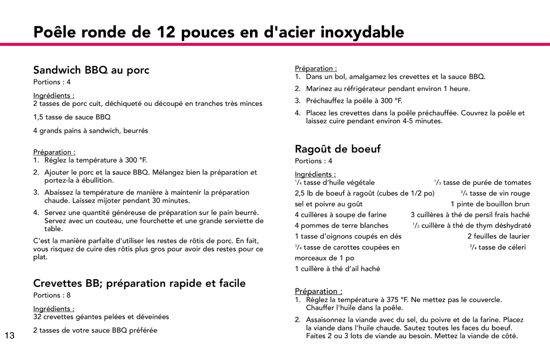 Deni 8275 manual Sandwich BBQ au porc, Crevettes BB préparation rapide et facile, Ragoût de boeuf 