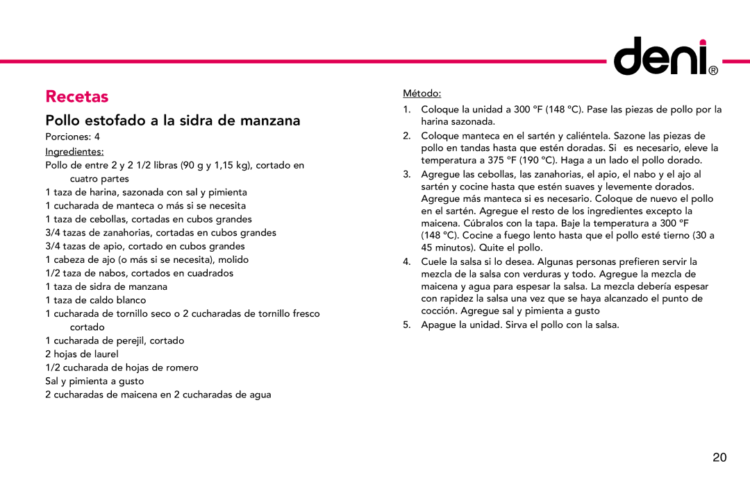 Deni 8275 manual Recetas, Pollo estofado a la sidra de manzana 