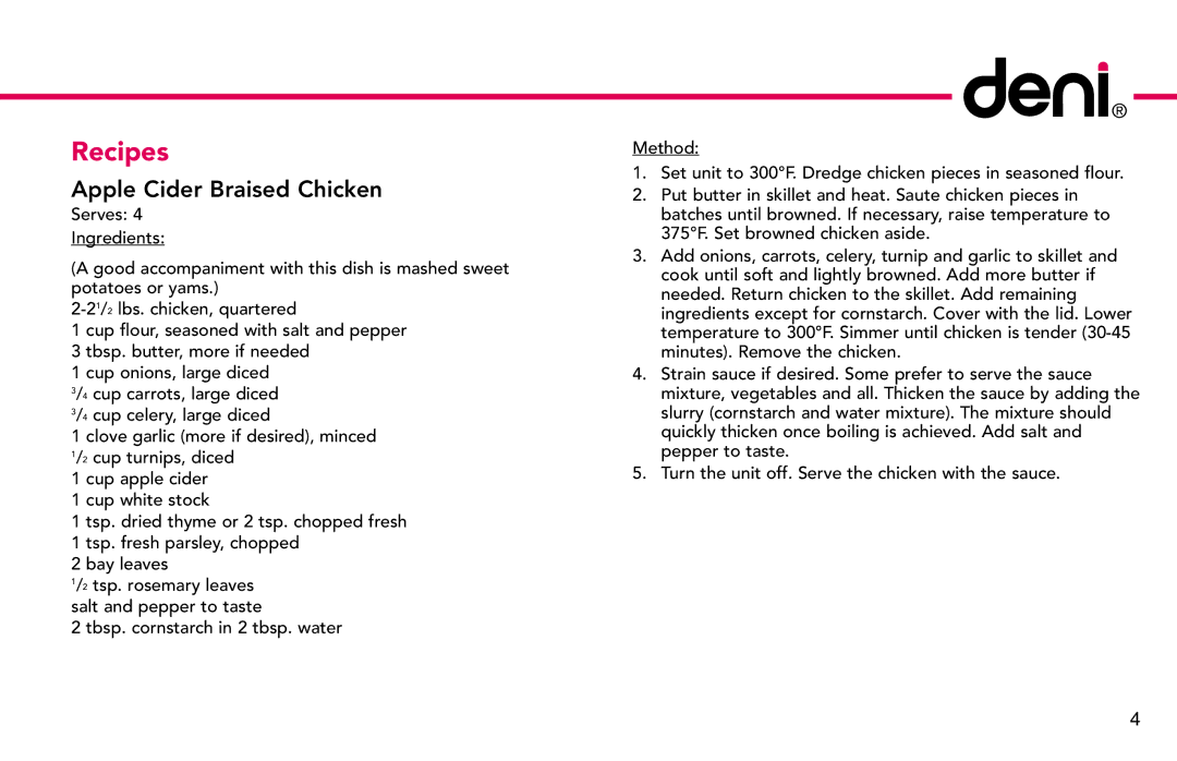 Deni 8275 manual Recipes, Apple Cider Braised Chicken 