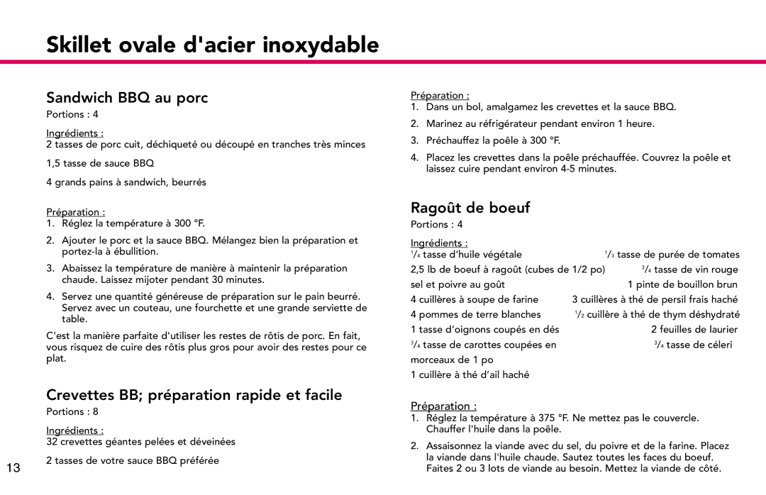 Deni 8285 manual Sandwich BBQ au porc, Crevettes BB préparation rapide et facile, Ragoût de boeuf 