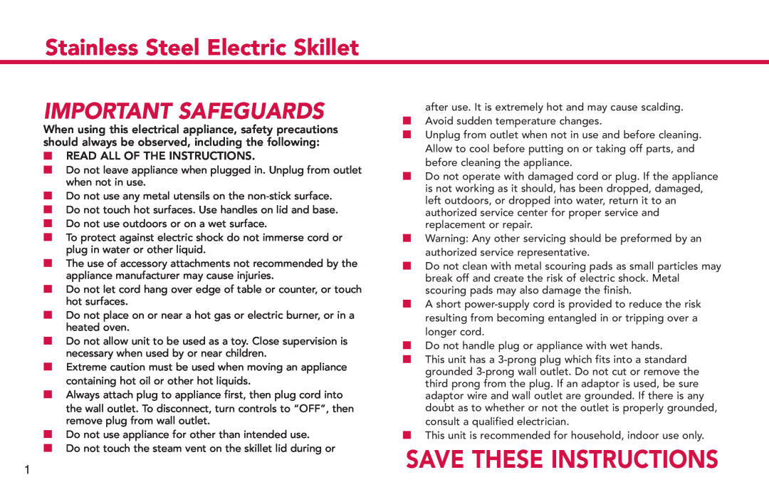 Deni 8340 manual Stainless Steel Electric Skillet, Important Safeguards, Save These Instructions 