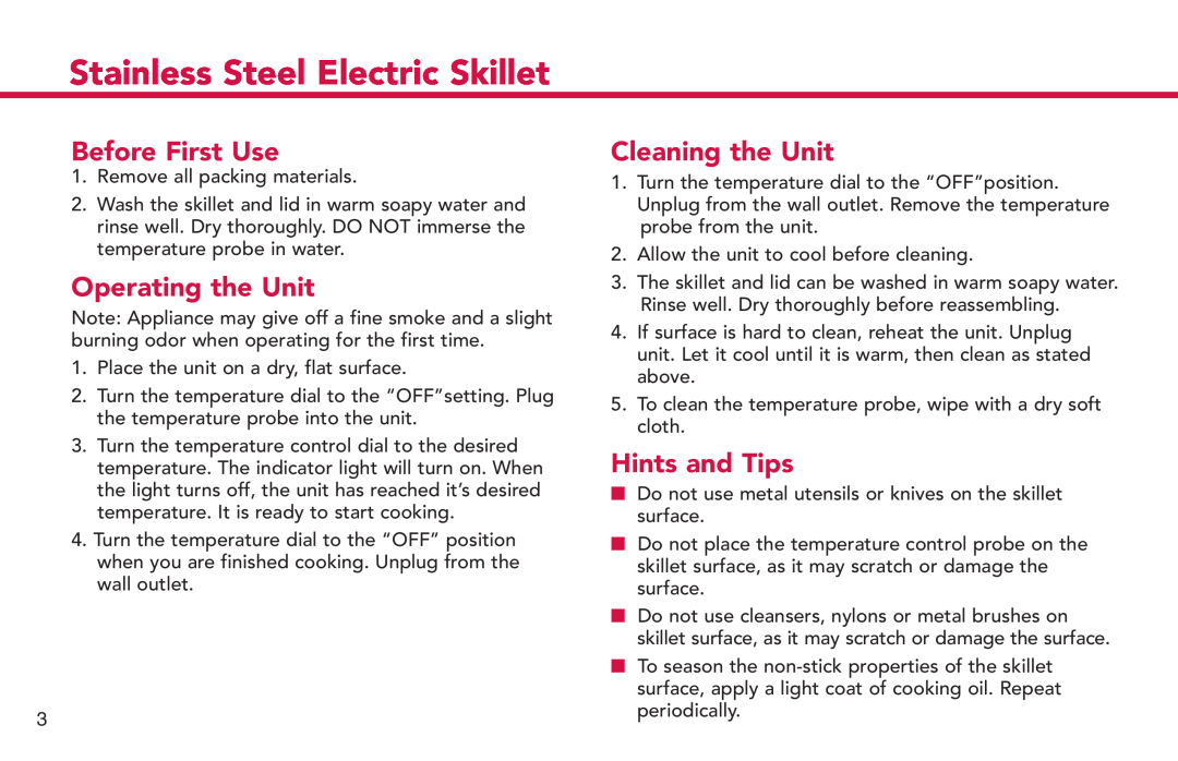Deni 8340 manual Before First Use, Operating the Unit, Cleaning the Unit, Hints and Tips, Stainless Steel Electric Skillet 