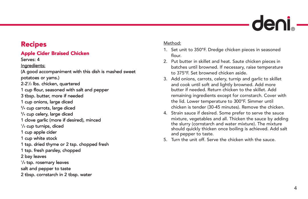Deni 8340 manual Recipes, Apple Cider Braised Chicken 
