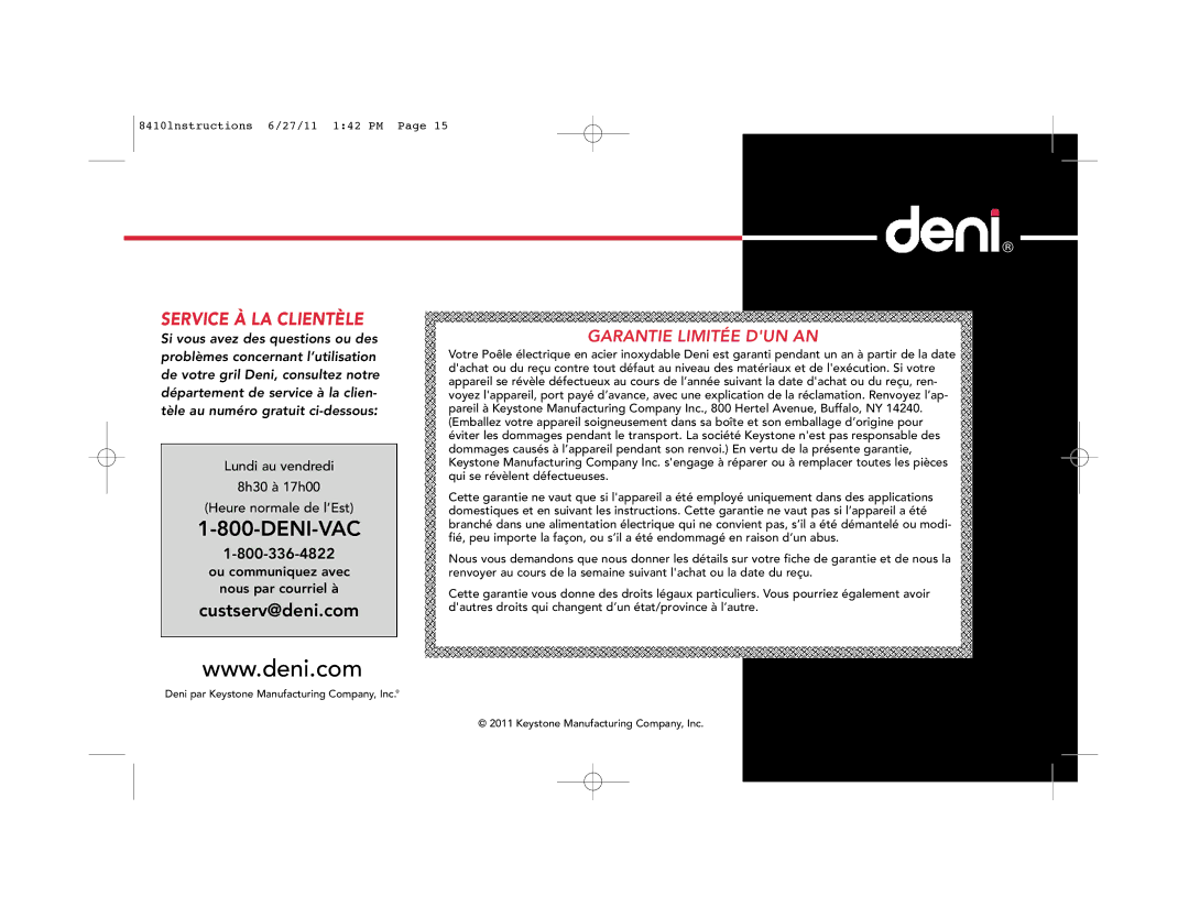 Deni 8410 manual Service À LA Clientèle 