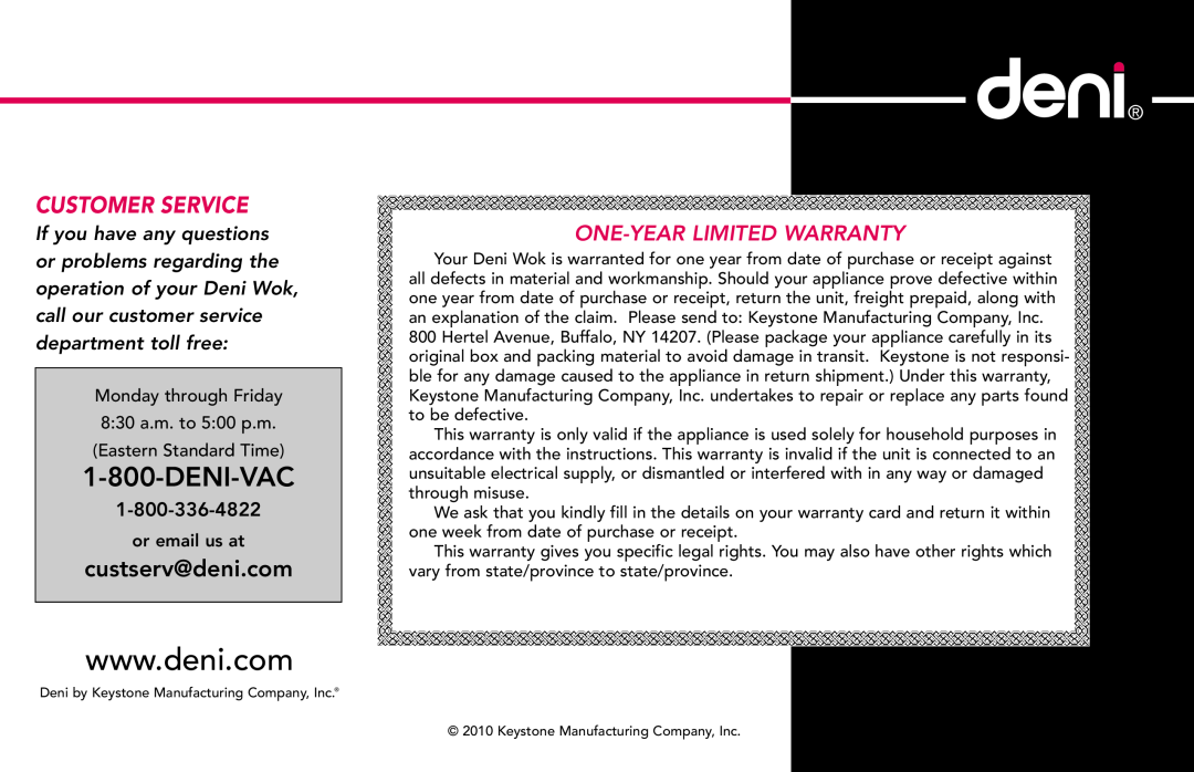 Deni 8770 manual Deni-Vac, Customer Service, One-Year Limited Warranty, custserv@deni.com 