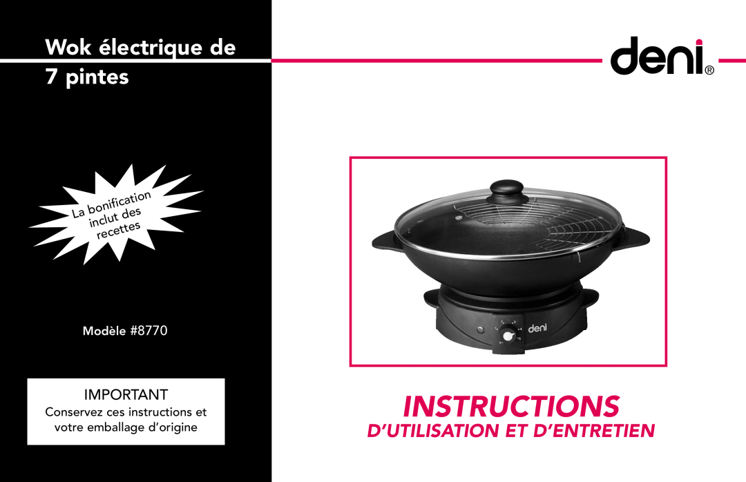 Deni manual Wok électrique de 7 pintes, Instructions, D’Utilisation Et D’Entretien, Modèle #8770 