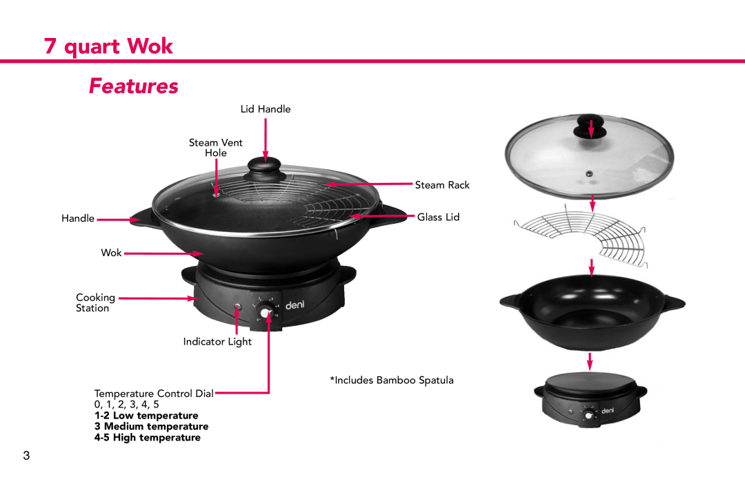 Deni 8770 manual Features, quart Wok, Low temperature 3 Medium temperature 4-5 High temperature 