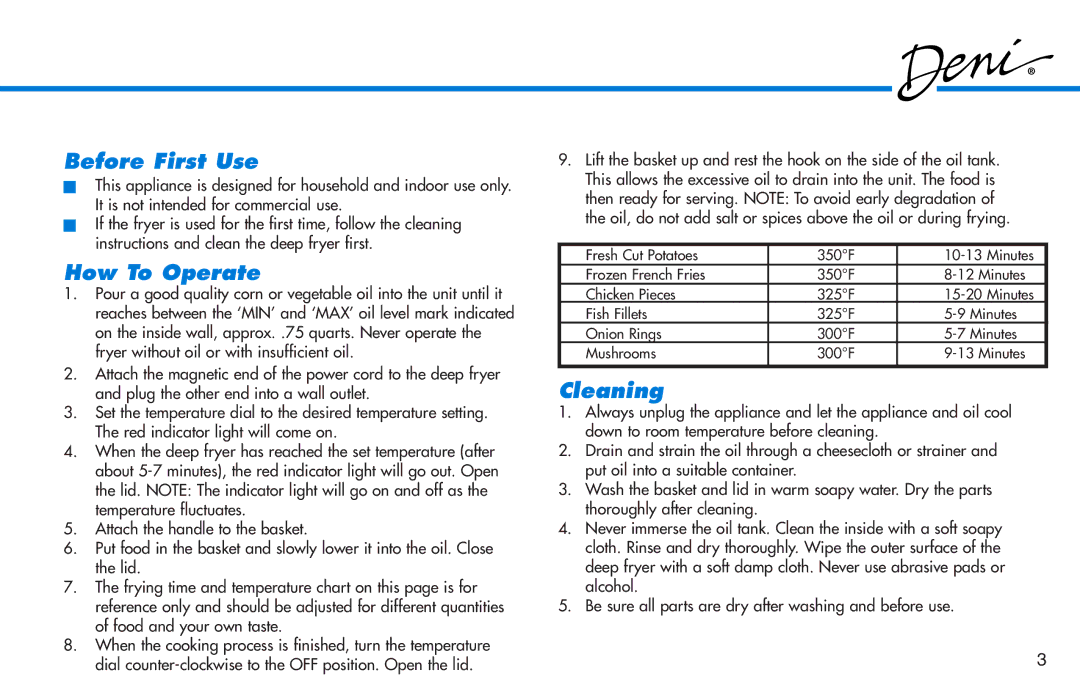 Deni 9301 manual Before First Use 