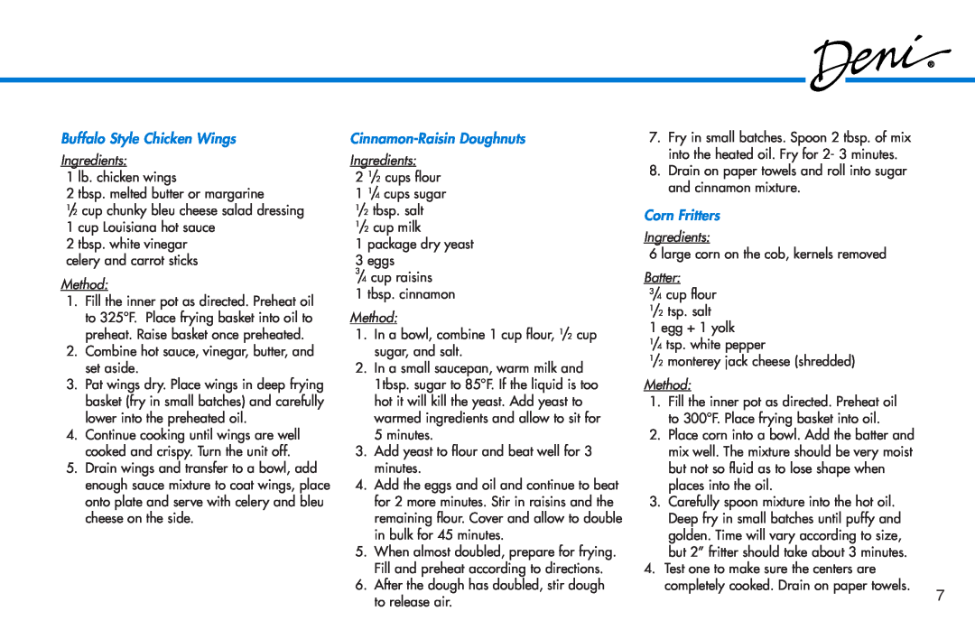 Deni 9301 manual Buffalo Style Chicken Wings, Cinnamon-Raisin Doughnuts, Corn Fritters, Ingredients, Method, Batter 