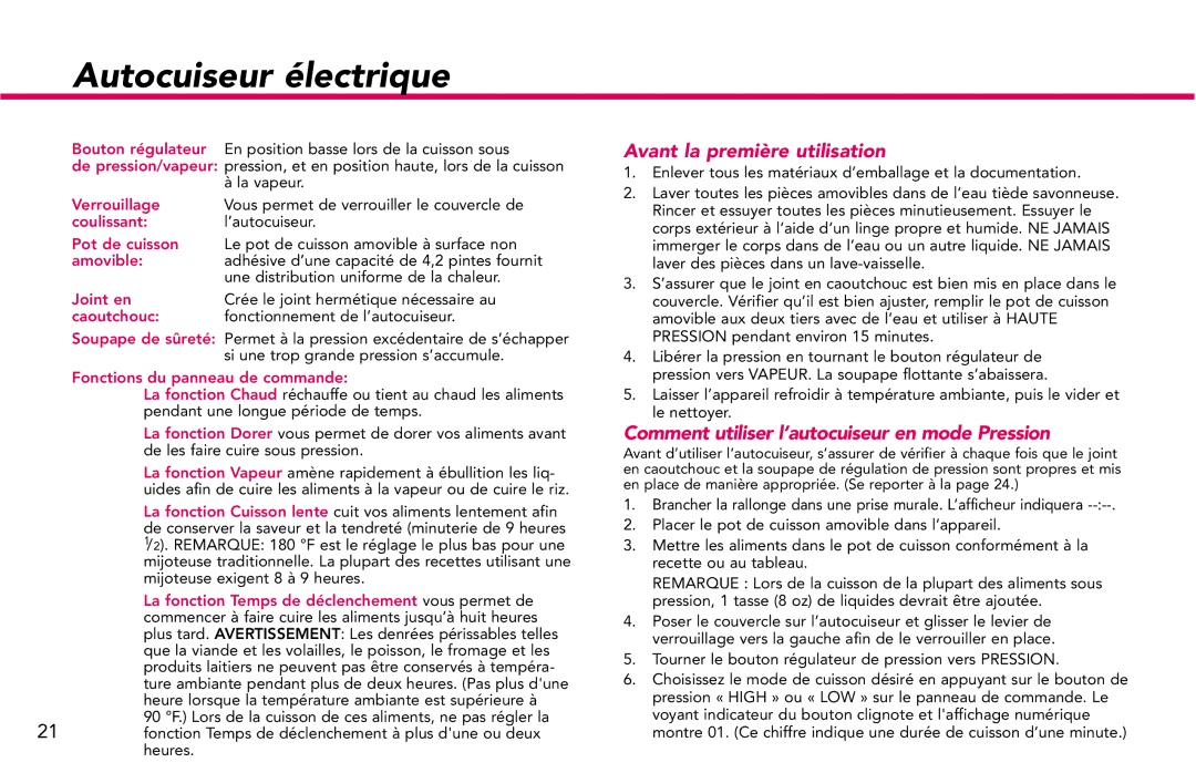 Deni 9740 manual Avant la première utilisation, Comment utiliser l’autocuiseur en mode Pression 