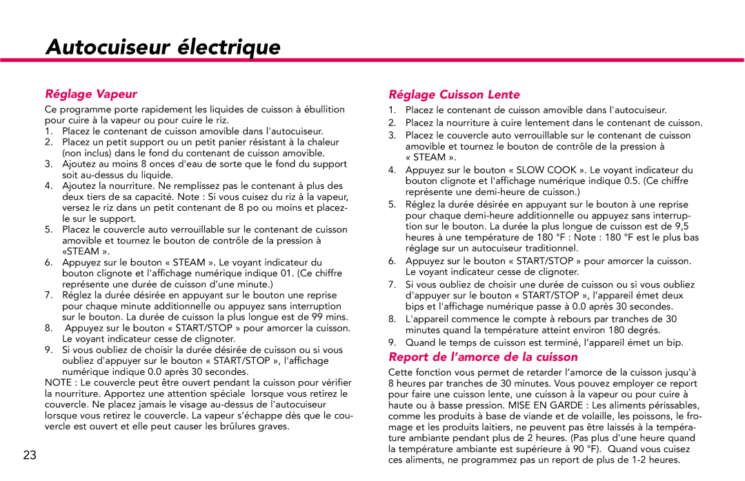 Deni 9740 manual Réglage Vapeur, Réglage Cuisson Lente, Report de l’amorce de la cuisson 