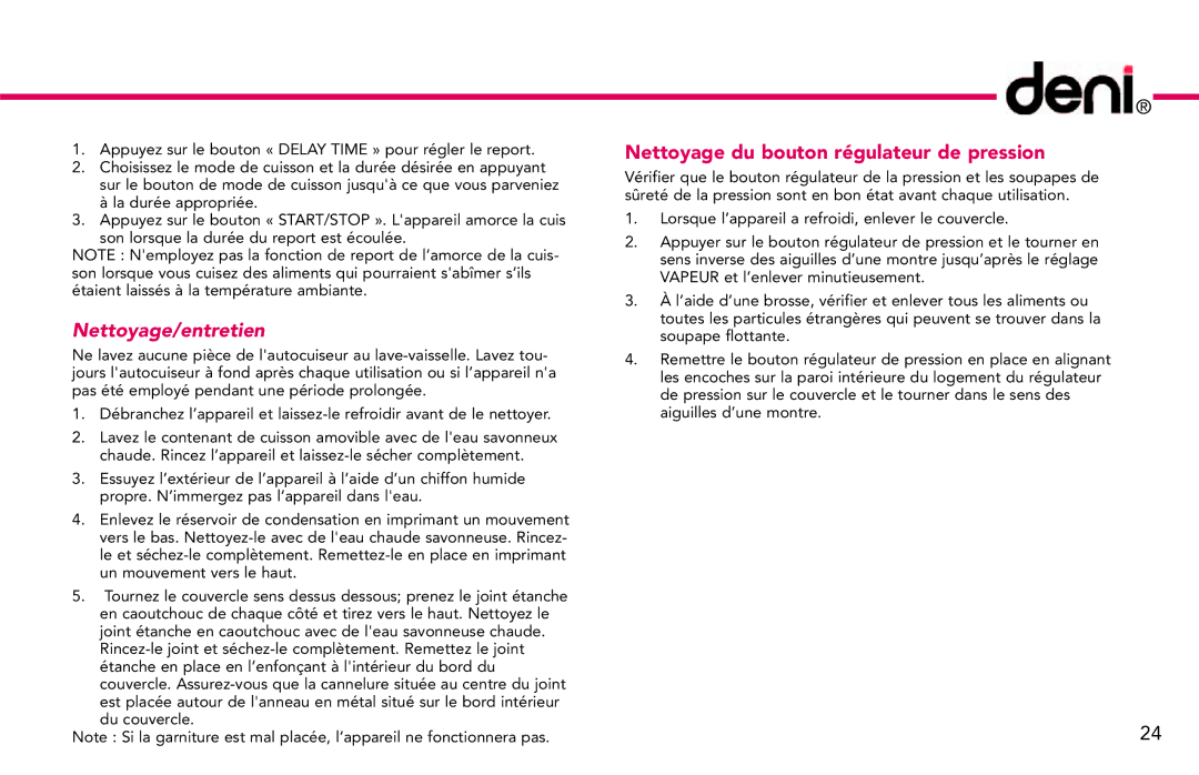 Deni 9740 manual Nettoyage/entretien, Nettoyage du bouton régulateur de pression 