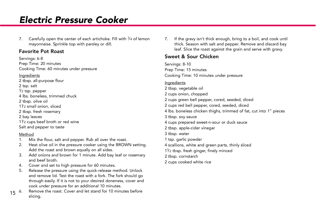 Deni 9760 manual Favorite Pot Roast, Sweet & Sour Chicken 