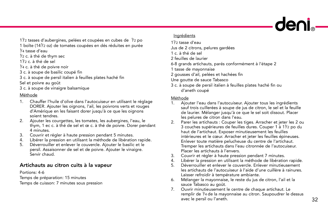 Deni 9760 manual Artichauts au citron cuits à la vapeur 