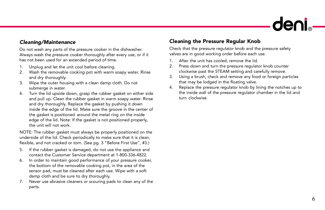 Deni 9760 manual Cleaning/Maintenance, Cleaning the Pressure Regular Knob 