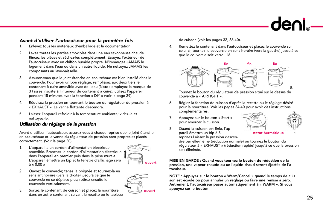 Deni #9770 manual Avant d’utiliser l’autocuiseur pour la première fois 