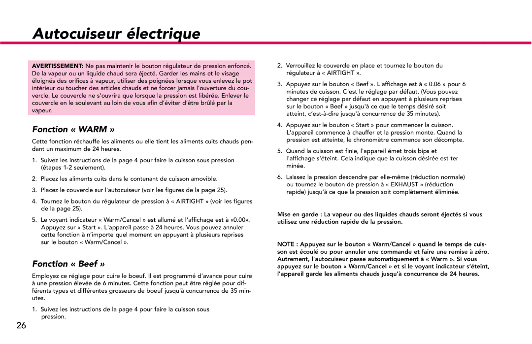 Deni #9770 manual Fonction « Warm », Fonction « Beef » 