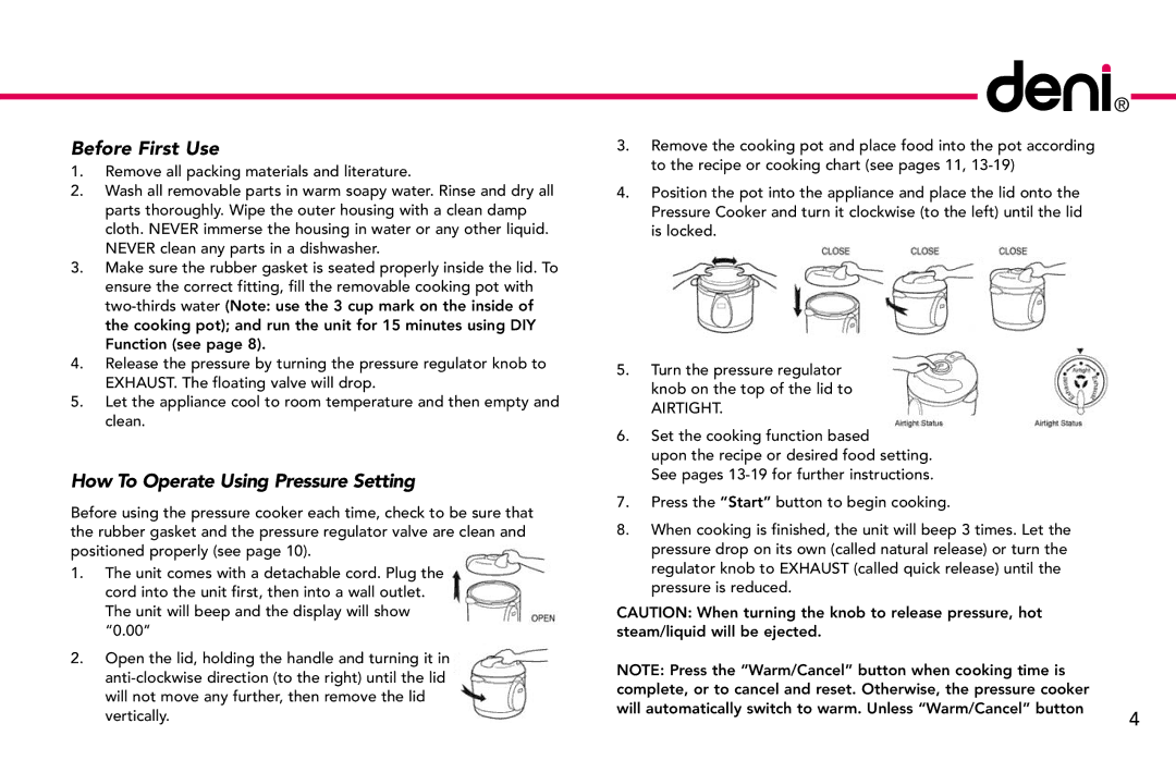 Deni #9770 manual Before First Use, How To Operate Using Pressure Setting 