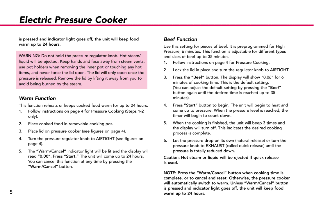 Deni #9770 manual Warm Function, Beef Function 