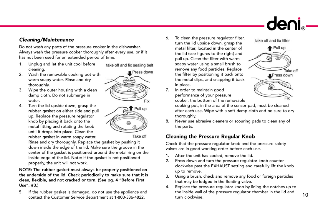 Deni #9770 manual Cleaning/Maintenance, Cleaning the Pressure Regular Knob 