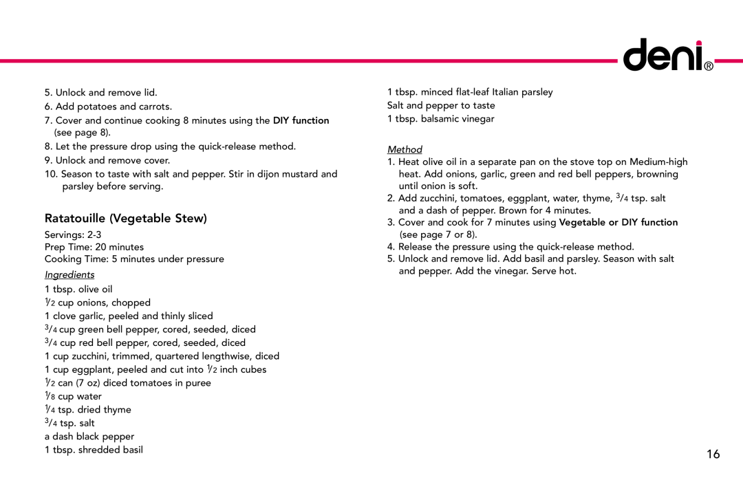 Deni #9770 manual Ratatouille Vegetable Stew, Method 