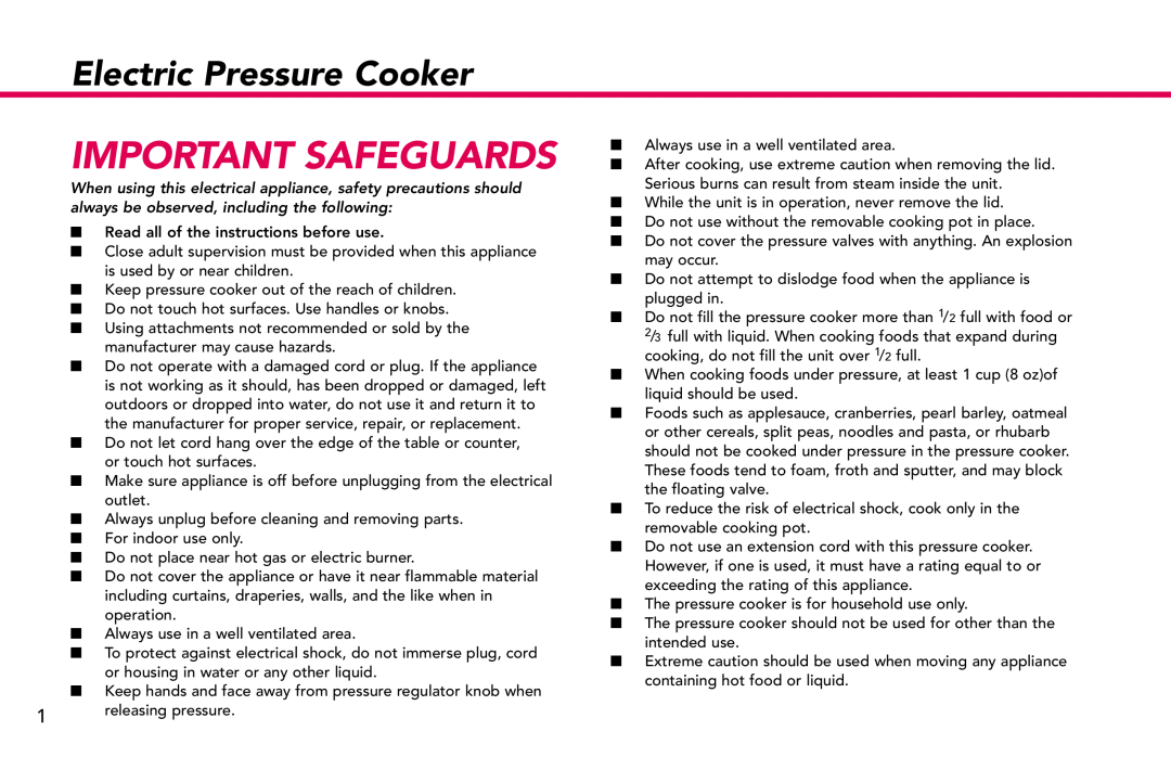 Deni #9770 manual Electric Pressure Cooker, Important Safeguards 