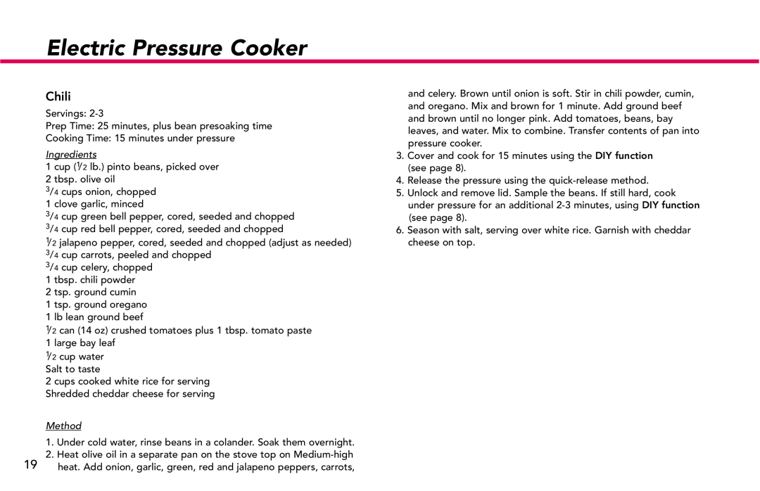 Deni #9770 manual Chili, Electric Pressure Cooker, Ingredients, Method 