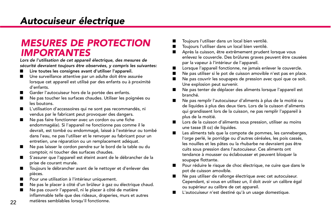 Deni #9770 manual Autocuiseur électrique, Mesures De Protection Importantes 
