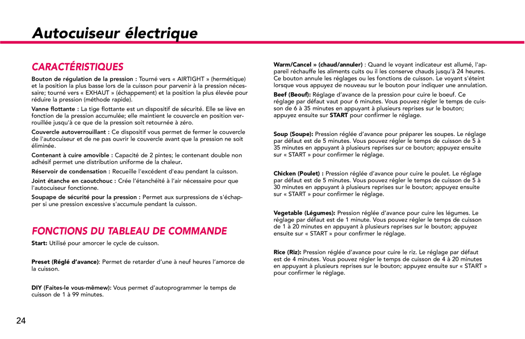 Deni #9770 manual Fonctions Du Tableau De Commande, Autocuiseur électrique, Caractéristiques 