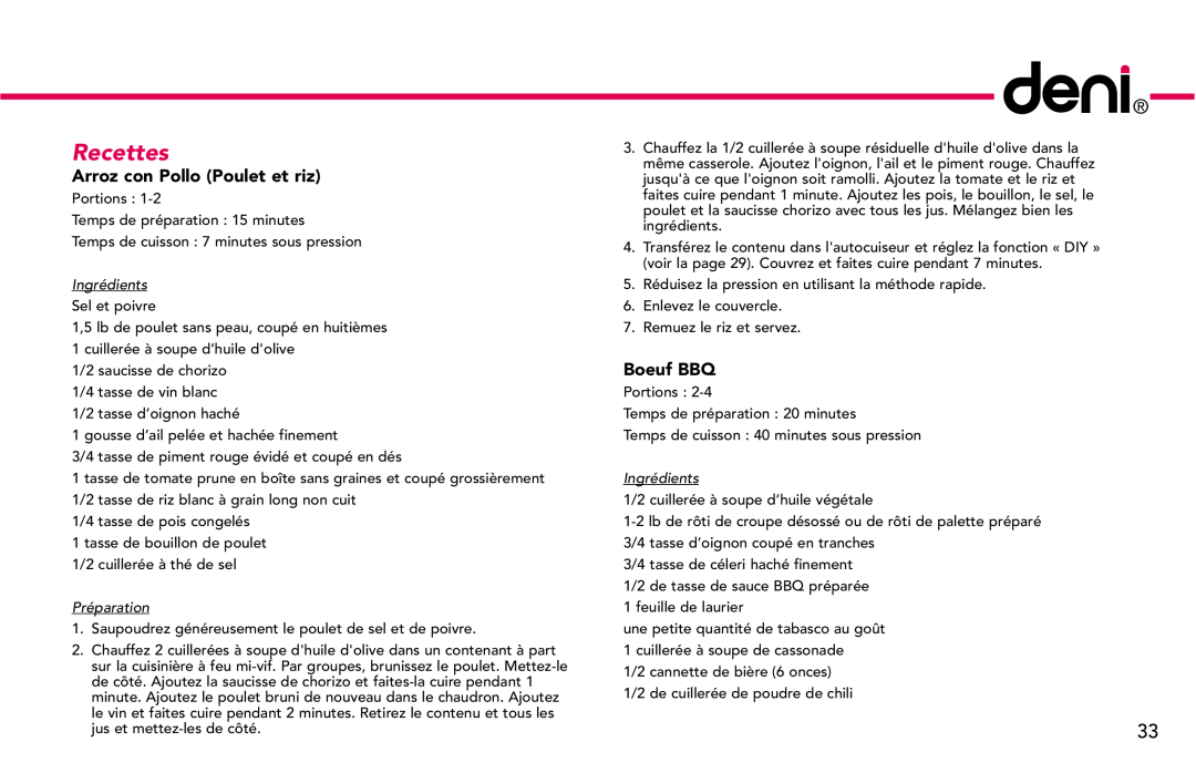 Deni #9770 manual Recettes, Arroz con Pollo Poulet et riz, Boeuf BBQ, Ingrédients, Préparation 