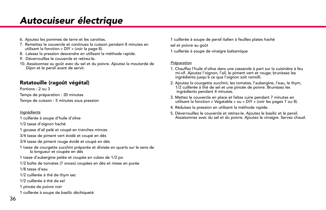 Deni #9770 manual Ratatouille ragoût végétal, Autocuiseur électrique, Ingrédients, Préparation 