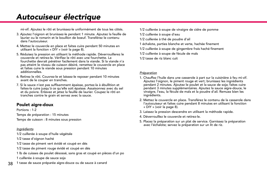 Deni #9770 manual Poulet aigre-doux, Autocuiseur électrique, Ingrédients, Préparation 