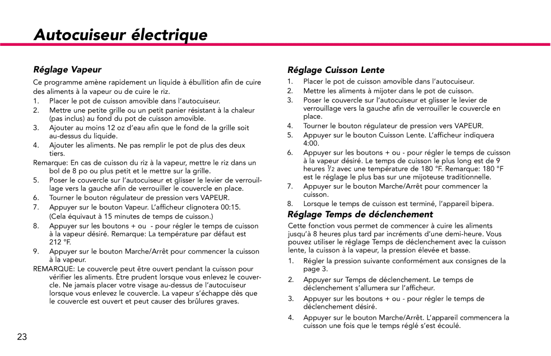 Deni 9780 manual Réglage Vapeur, Réglage Cuisson Lente, Réglage Temps de déclenchement 