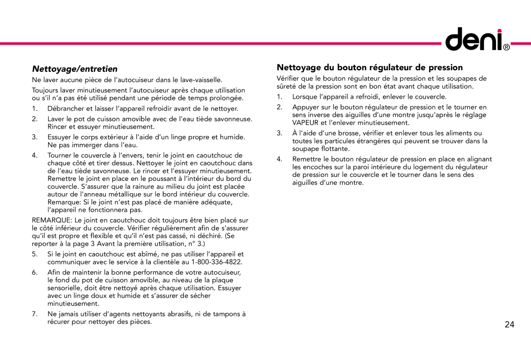 Deni 9780 manual Nettoyage/entretien, Nettoyage du bouton régulateur de pression 