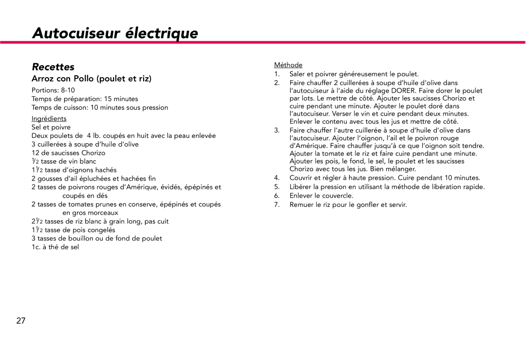 Deni 9780 manual Recettes, Arroz con Pollo poulet et riz 