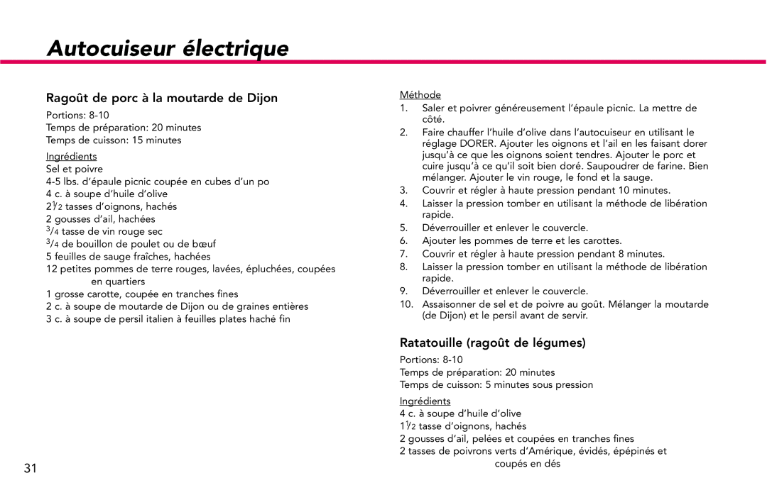 Deni 9780 manual Ragoût de porc à la moutarde de Dijon, Ratatouille ragoût de légumes 