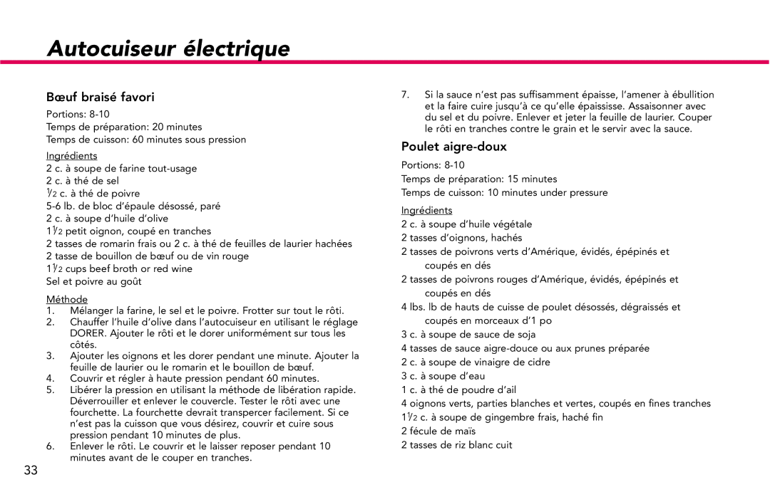 Deni 9780 manual Bceuf braisé favori, Poulet aigre-doux 