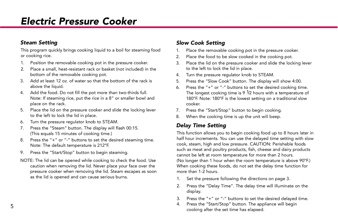 Deni 9780 manual Steam Setting, Slow Cook Setting, Delay Time Setting 