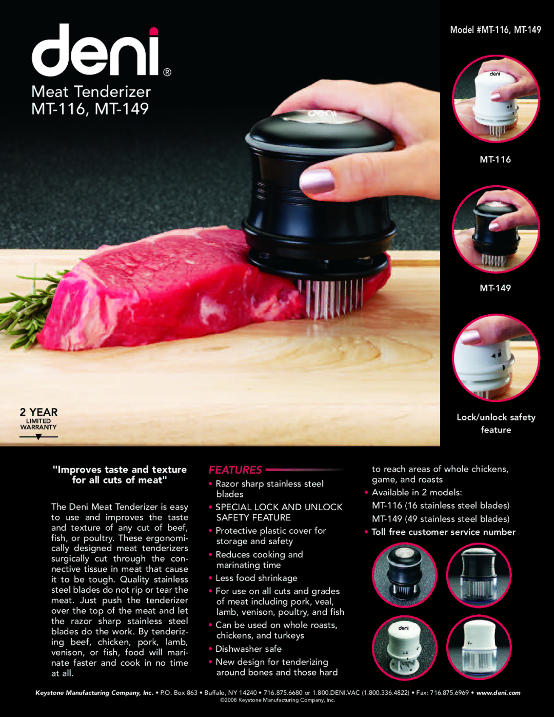 Deni warranty Meat Tenderizer MT-116, MT-149, Year, Features, Improves taste and texture For all cuts of meat 