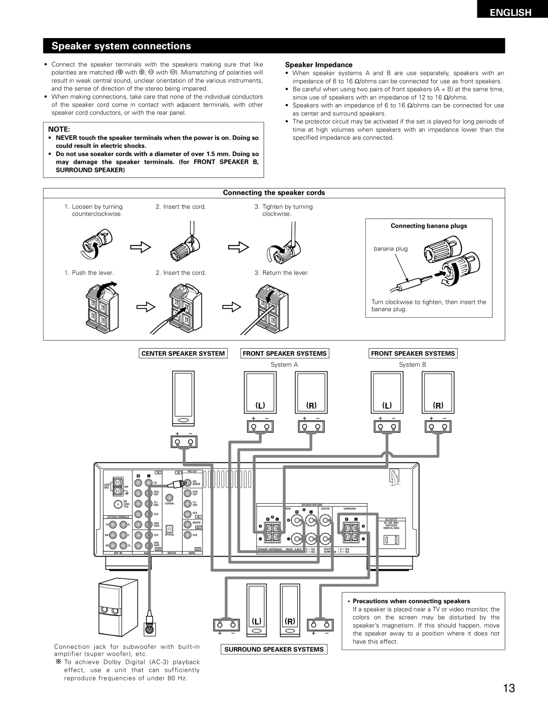 Denon AVR-1403, 483 manual Speaker system connections, Speaker Impedance, Connecting the speaker cords 