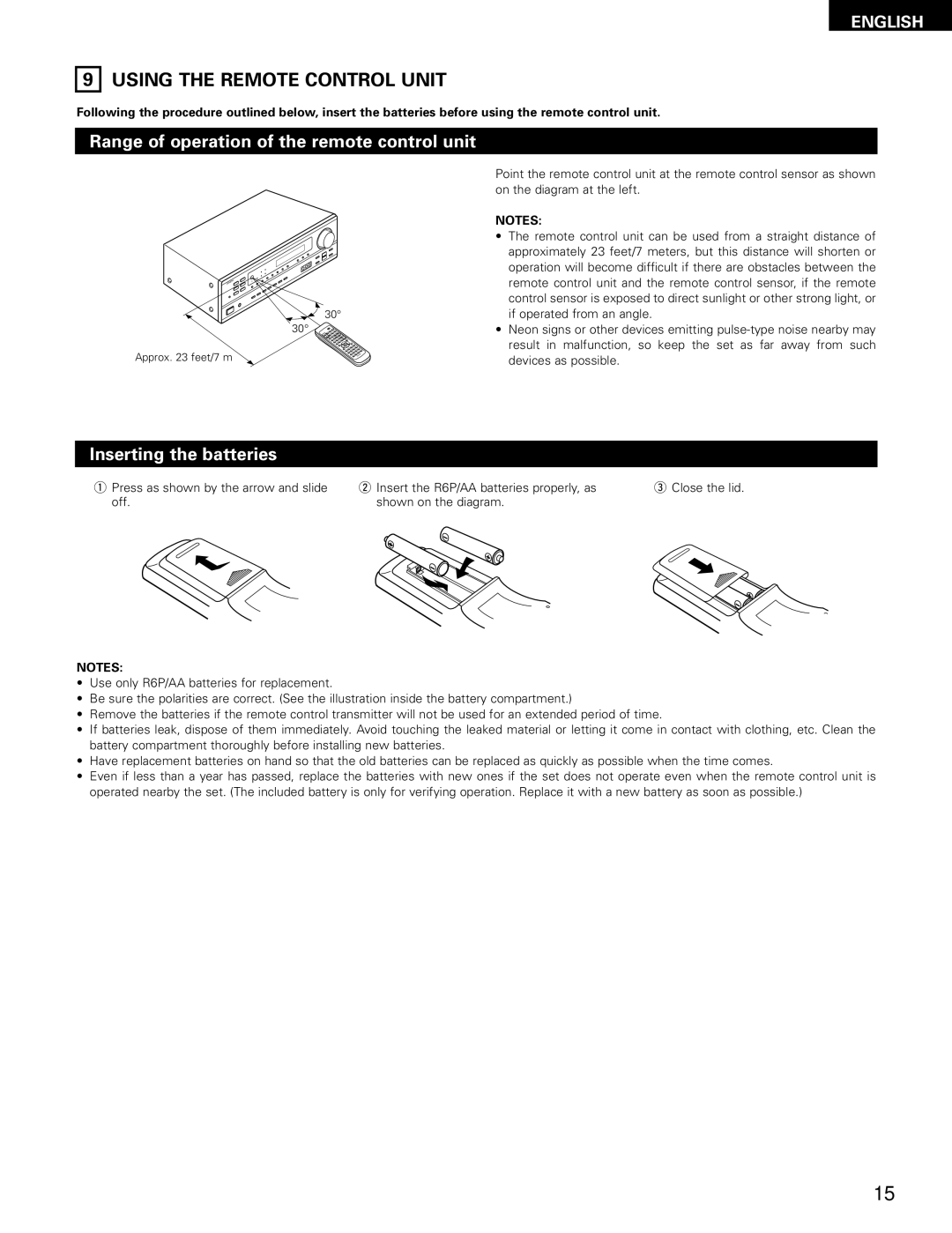 Denon AVR-1403, 483 Using the Remote Control Unit, Range of operation of the remote control unit, Inserting the batteries 