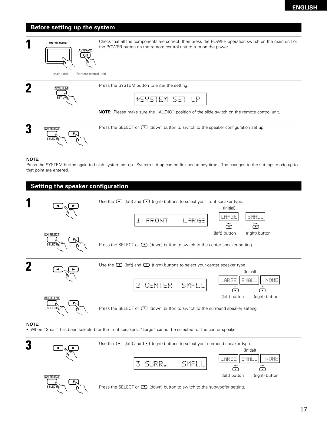 Denon AVR-1403, 483 manual System SET UP, Front Large, Center Small, SURR. Small 