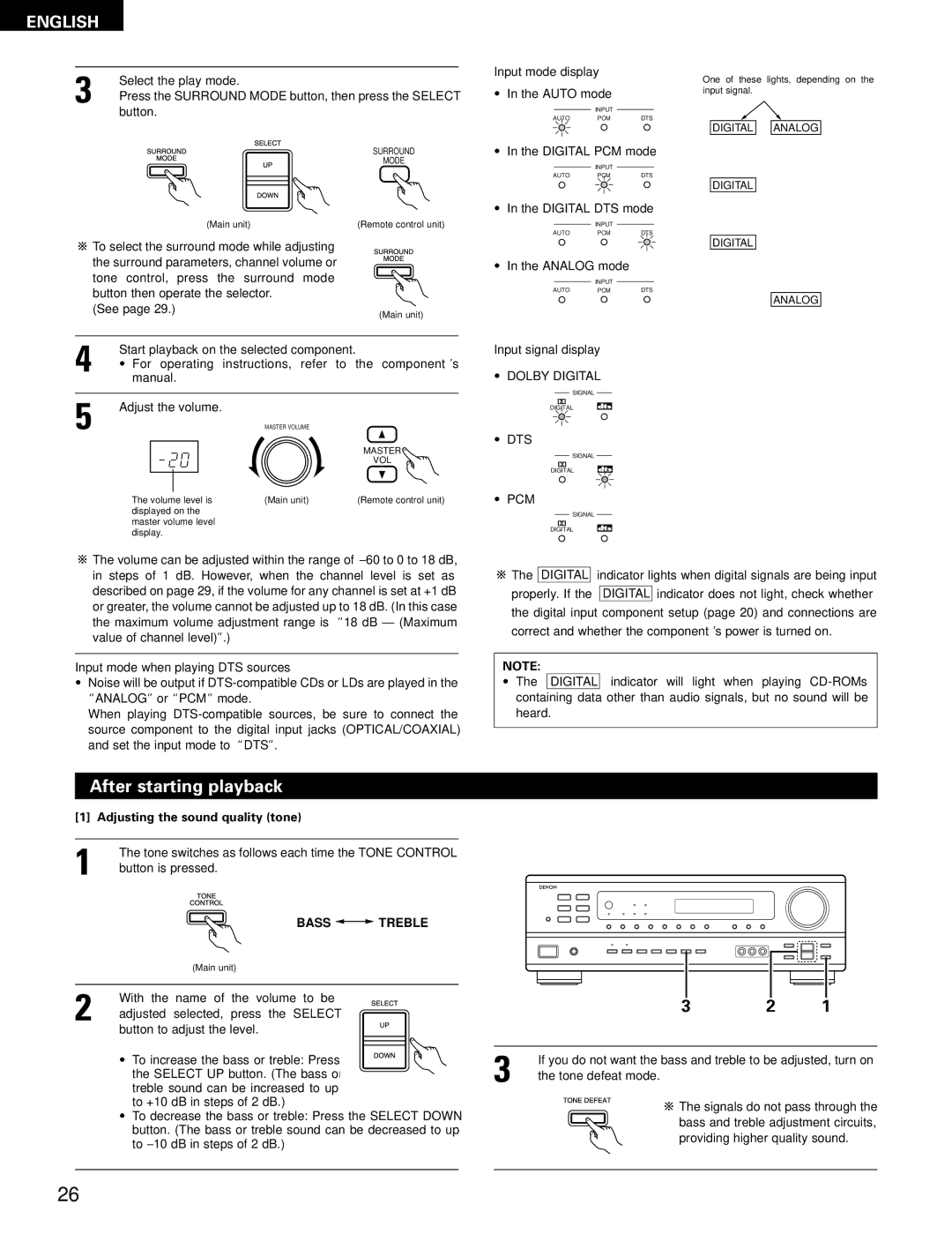 Denon 483, AVR-1403 manual After starting playback, Dolby Digital, Dts, Pcm, Adjusting the sound quality tone 