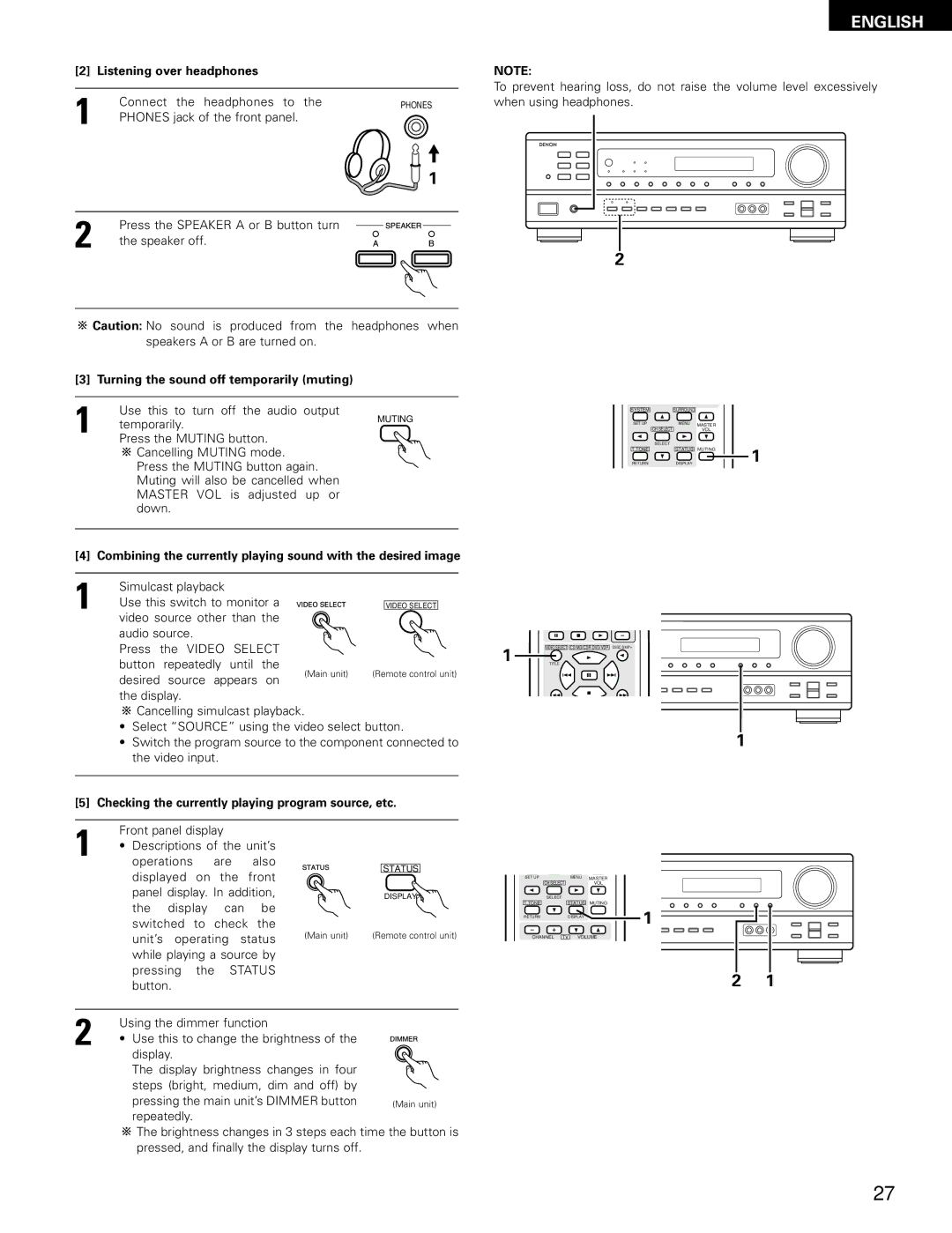 Denon AVR-1403, 483 manual Listening over headphones, Turning the sound off temporarily muting 